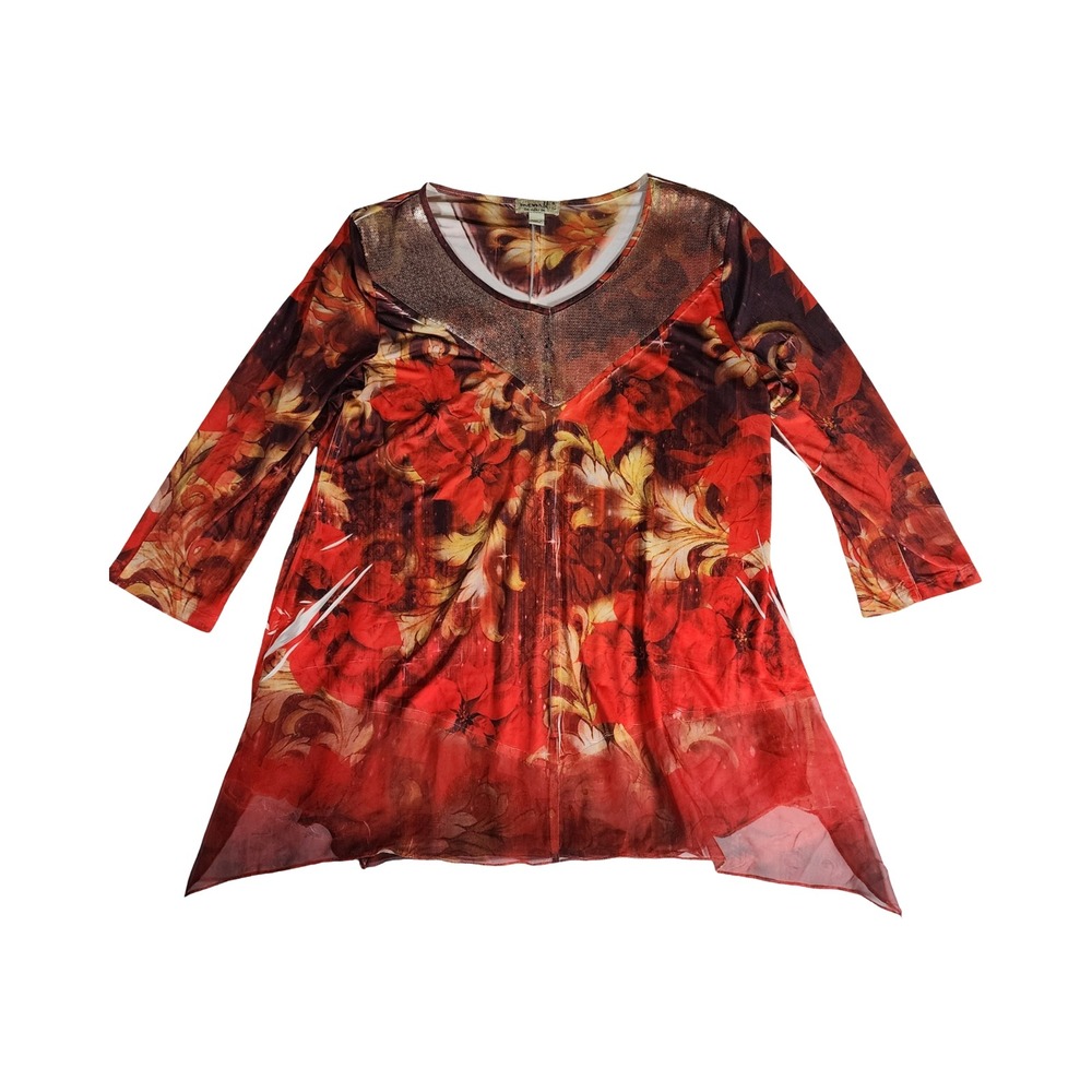 One World Womens Red Floral Sequin V-Neck Sharkbite Hem Tunic‎ Top Small